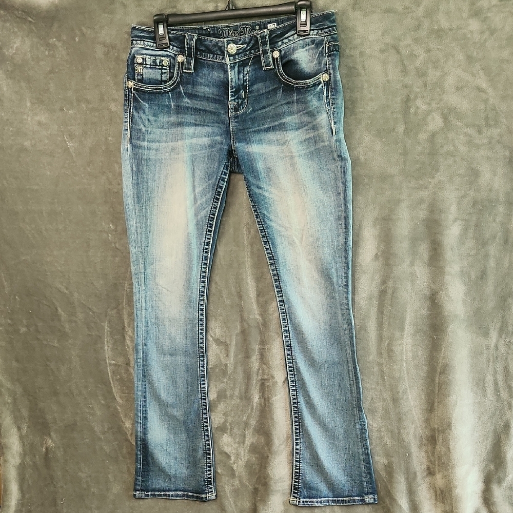 Miss Me Blue Boot Cut Jeans with Vintage-Inspired Wash. Size 27